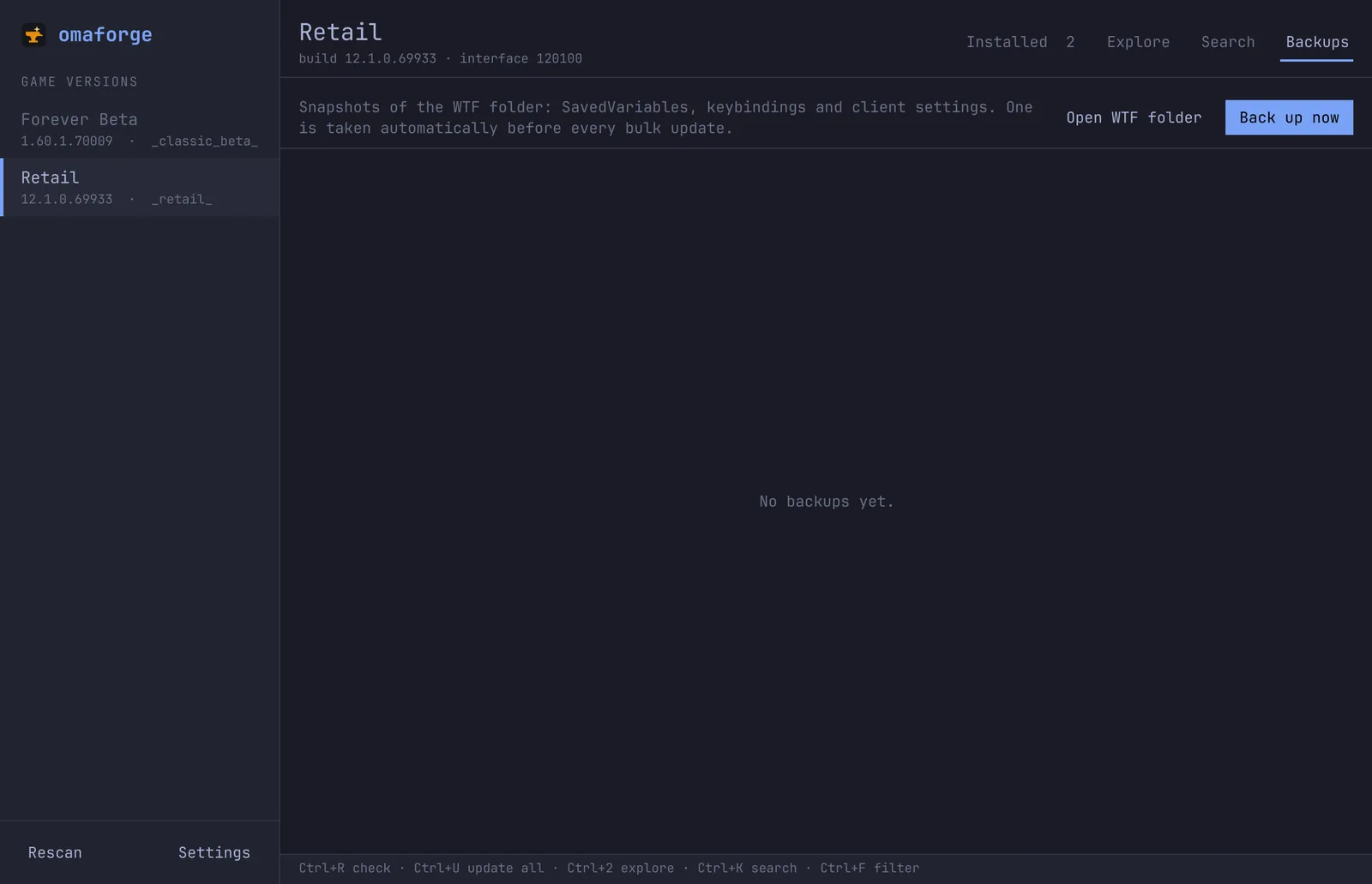 The Backups tab with WTF snapshots and restore buttons