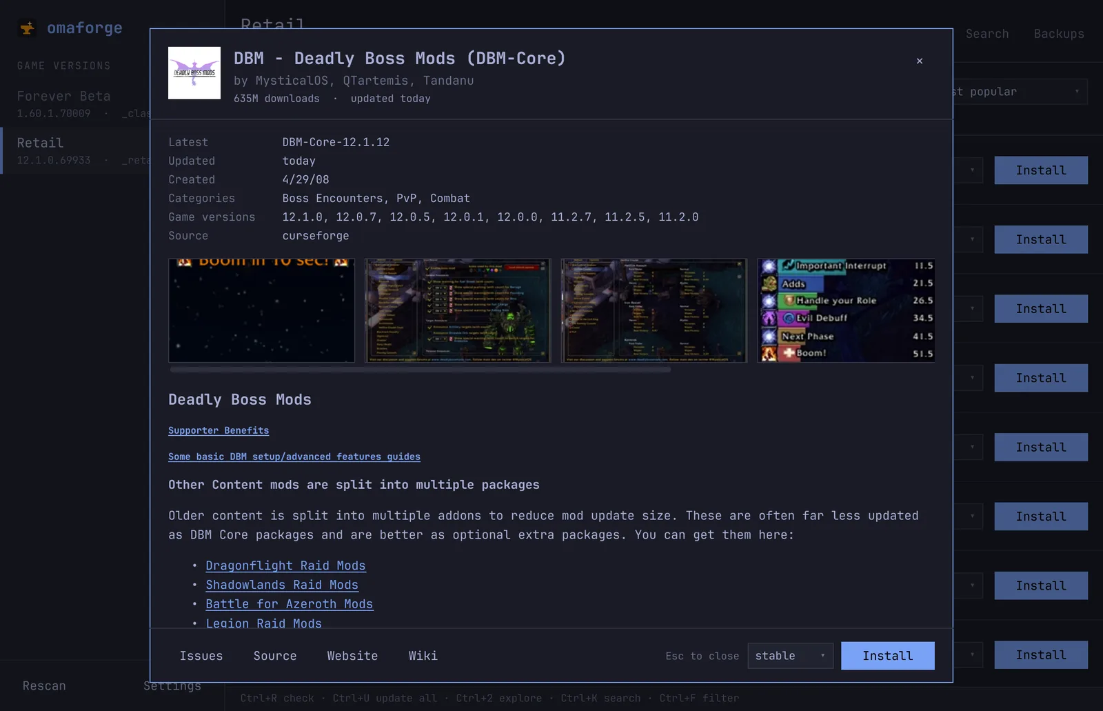 The details window for Deadly Boss Mods, with its screenshots and description
