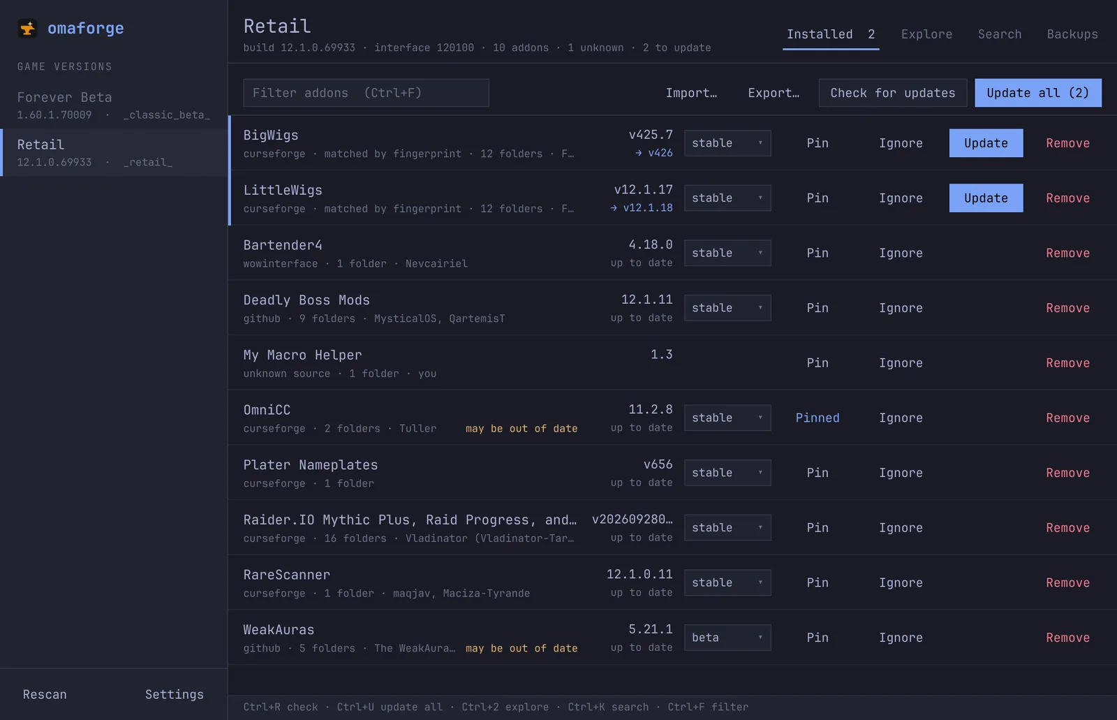 omaforge listing the installed addons of a Retail client